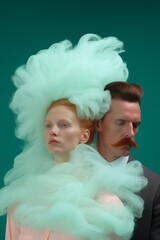 A tangled portrait of two people in puffy clothing reveals a complex mix of thoughts and emotions, complicated emotions concept