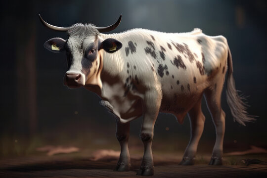 A beautiful and serene image of a brown and white cow standing in a green field with a barn in the background. AI Generative.