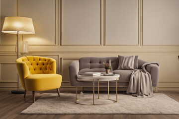 Cozy modern living room with sofas and table, yellow interior