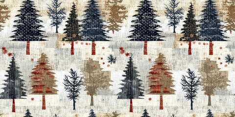 Old-Fashioned christmas tree with primitive hand sewing fabric effect border. Cozy nostalgic homespun winter hand made crafts style banner.