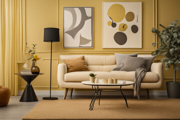 Cozy modern living room with sofas and table, yellow interior