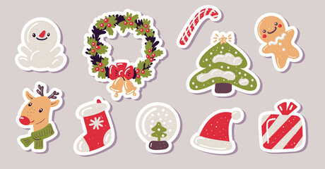 A set of stickers for Christmas. Vector illustration in the flat style.