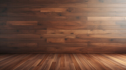 Walnut wood floor with wall background. Generative AI - obrazy, fototapety, plakaty