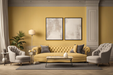 Cozy modern living room with sofas and table, yellow interior