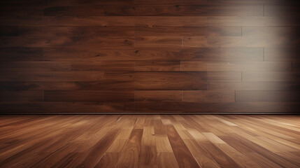 Walnut wood floor with wall background. Generative AI
