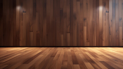 Walnut wood floor with wall background. Generative AI - obrazy, fototapety, plakaty