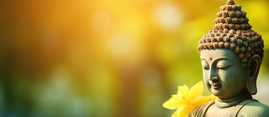 Statue of Buddha with bokeh background representing golden aura symbolizing Asian faith