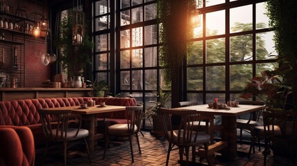 Fototapeta na wymiar Interior of a window faced Restaurant.Generative AI