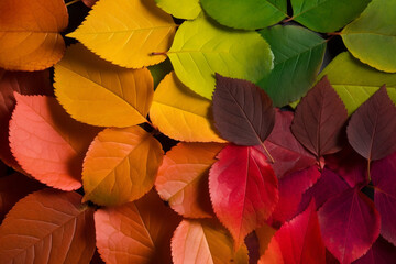 Colorful autumn leaves background with copy space. Large color specter. Abstract minimalist background. Generative AI