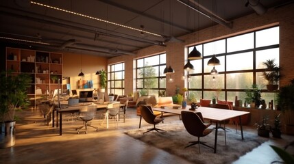 Interior of cozy empty modern coworking office.Generative AI