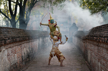 Pantomime (Khon) is traditional Thai classic masked play enacting scenes from the Ramayana in a...