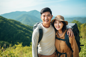 A happy Asian couple enjoying a hike on a summer day