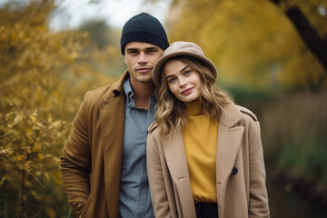 Fototapeta premium A beautiful couple posing for the camera on an autumn day