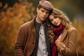 Fototapeta premium A beautiful couple posing for the camera on an autumn day