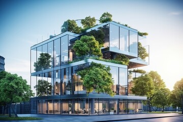 Close-up of Sustainable green glass building. Trees. - obrazy, fototapety, plakaty
