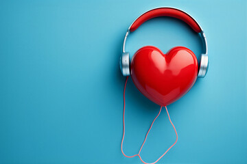 Red color headphones on an empty blue background, symbolize passion for music.