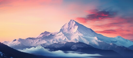 Mountain sunrise landscape with snow capped peaks