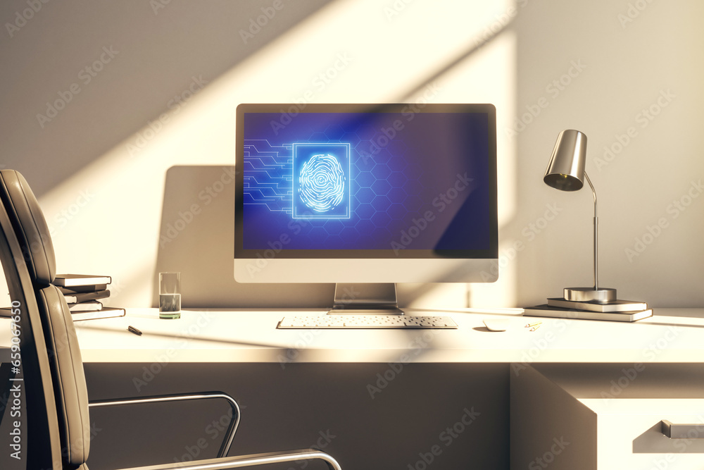 Aufkleber Computer monitor with abstract creative fingerprint illustration, personal biometric data concept. 3D Rendering