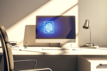 Computer monitor with abstract creative fingerprint illustration, personal biometric data concept. 3D Rendering