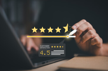 Hand drags scroll bar for rated 5-star service or product evaluation experience. Customer satisfaction survey concept. Client review quality of services leading to business reputation ranking score.