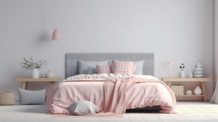 Fototapeta na wymiar Light cute and cozy home bedroom interior with unmade.Generative AI