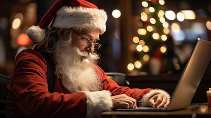 Santa Claus wishes Merry Christmas via a laptop.