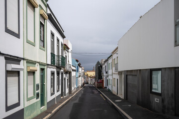 Facade of buildings in Ponta Delgada on the Island of Sao Miguel in the Azore