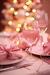 Close up of a romantic pink Christmas table, with rosé wine, vertical image