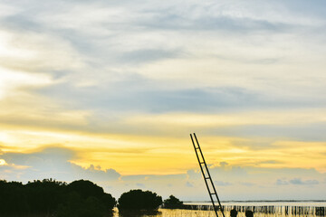 Orange fluffy clouds and sun sunlight reflection in the blue sky.