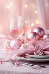 Christmas Dinner table with pink decorations and pearls, New Year's decor with a pink tablecloth and bokeh lights in the background, vertical image