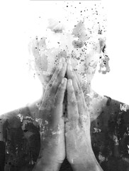 A conceptual paintography portrait disappearing into white background