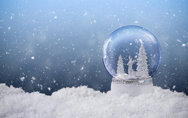Christmas snow globe with reindeer and frozen snowy fir tree inside. Christmas greeting card with...