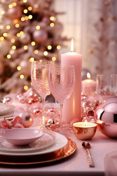 Christmas Dinner table with golden and pink decorations, New Year's decor with a Christmas tree on the background, vertical image