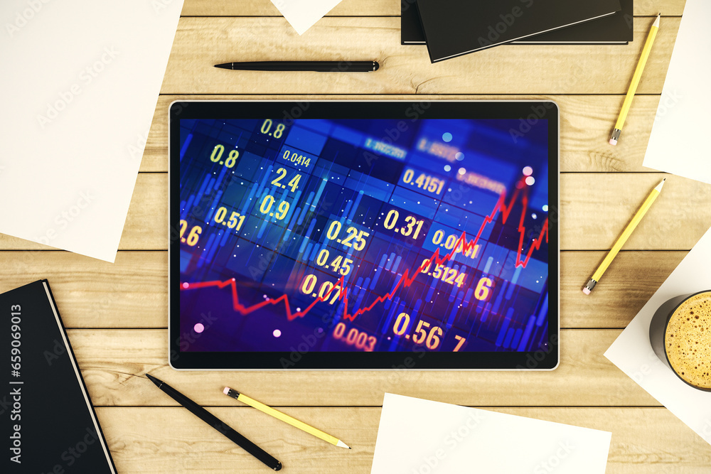 Poster top view of abstract creative financial diagram on modern digital tablet display, banking and accoun