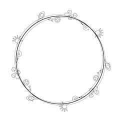 Abstract Black Simple Line Round Circle With Leaf Leaves Frame Flowers Doodle Outline Element Vector Design Style Sketch Isolated Illustration For Wedding And Banner