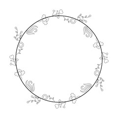 Abstract Black Simple Line Round Circle With Leaf Leaves Frame Flowers Doodle Outline Element Vector Design Style Sketch Isolated Illustration For Wedding And Banner