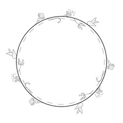 Abstract Black Simple Line Round Circle With Leaf Leaves Frame Flowers Doodle Outline Element Vector Design Style Sketch Isolated Illustration For Wedding And Banner