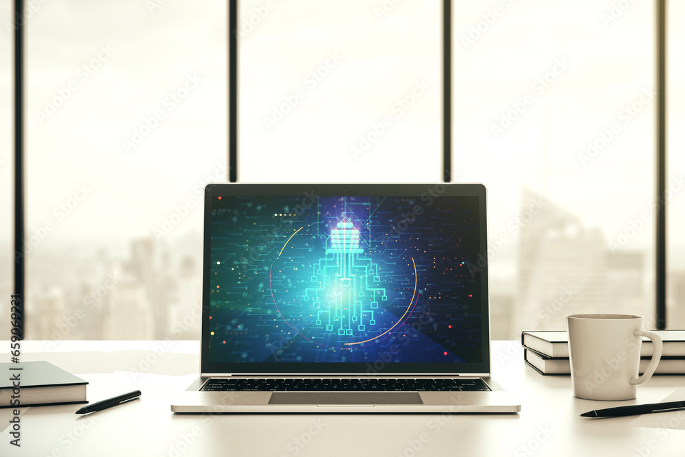 Poster Creative light bulb illustration with microcircuit on modern computer monitor, future technology concept. 3D Rendering