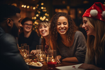 Group of young people, freinds or colleages enjoying food, drinking and talking at the party, Christmas and New year party concept.  - obrazy, fototapety, plakaty