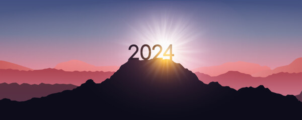 Silhouette of number 2024 on the mountain, concept Happy New Year celebration shiny design for decorative - stock vector - obrazy, fototapety, plakaty