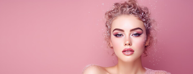 Beautiful young woman in glitter isolated on flat pink background with copy space. Shiny cosmetic glitter for skin, party and fashion event.  - obrazy, fototapety, plakaty