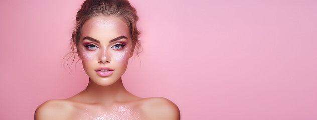 Obraz premium Beautiful young woman in glitter isolated on flat pink background with copy space. Shiny cosmetic glitter for skin, party and fashion event. 