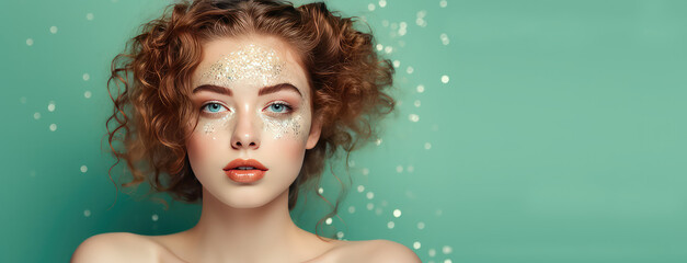 Beautiful young woman in glitter isolated on flat green background with copy space. Shiny cosmetic glitter for skin, party and fashion event. 