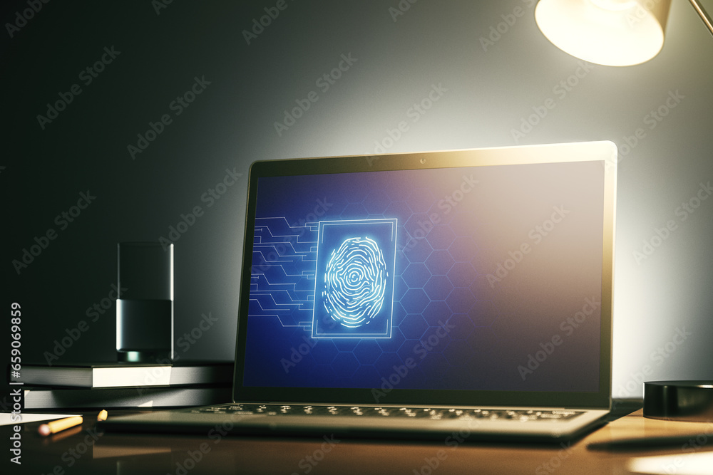 Poster Modern computer display with abstract graphic fingerprint sketch, fingerprint scan data concept. 3D Rendering