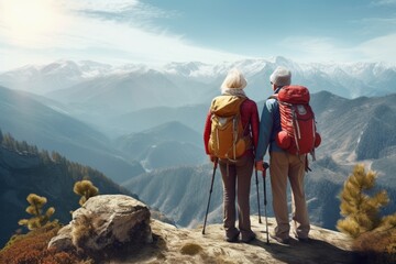 A mature man and a woman with hiking backpacks admire the mountain landscape. Active travelers in adulthood. - obrazy, fototapety, plakaty