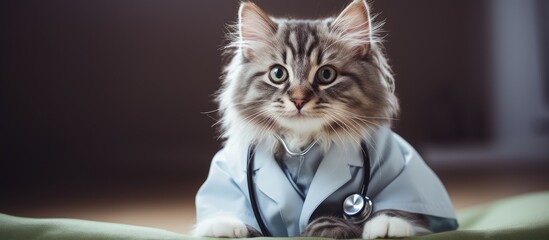Stethoscope wearing cat as a vet on white background
