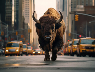 A Photo of a Bison on the Street of a Major City During the Day