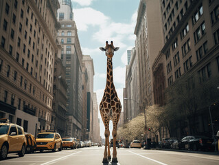A Photo of a Giraffe on the Street of a Major City During the Day