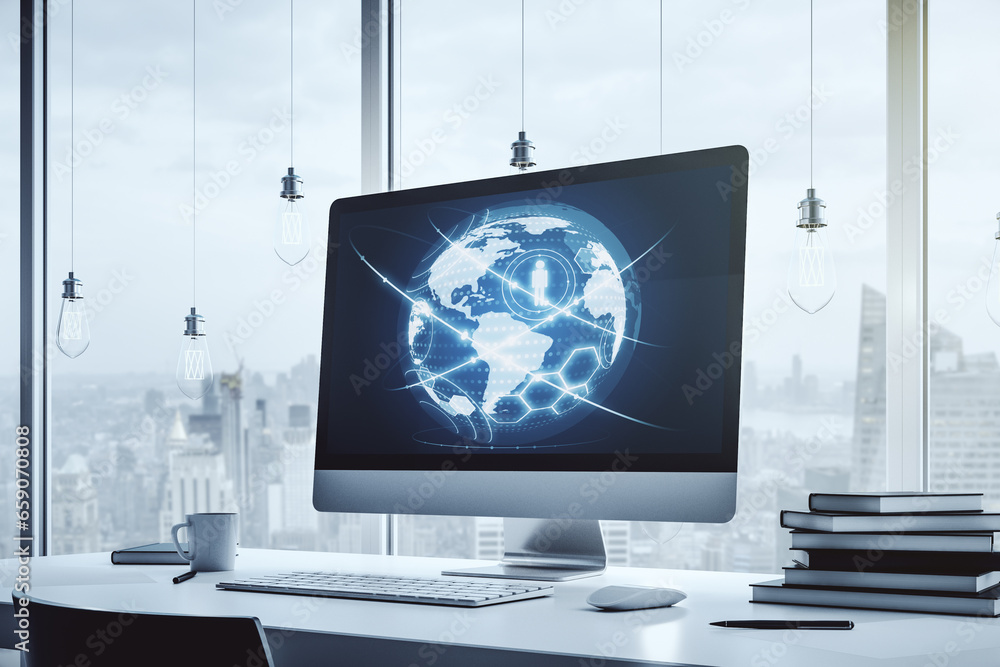 Poster social network concept with world map on modern laptop screen. 3d rendering