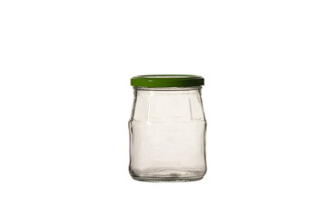 Empty, transparent, glass jar with a lid 0.5 l on a white background.